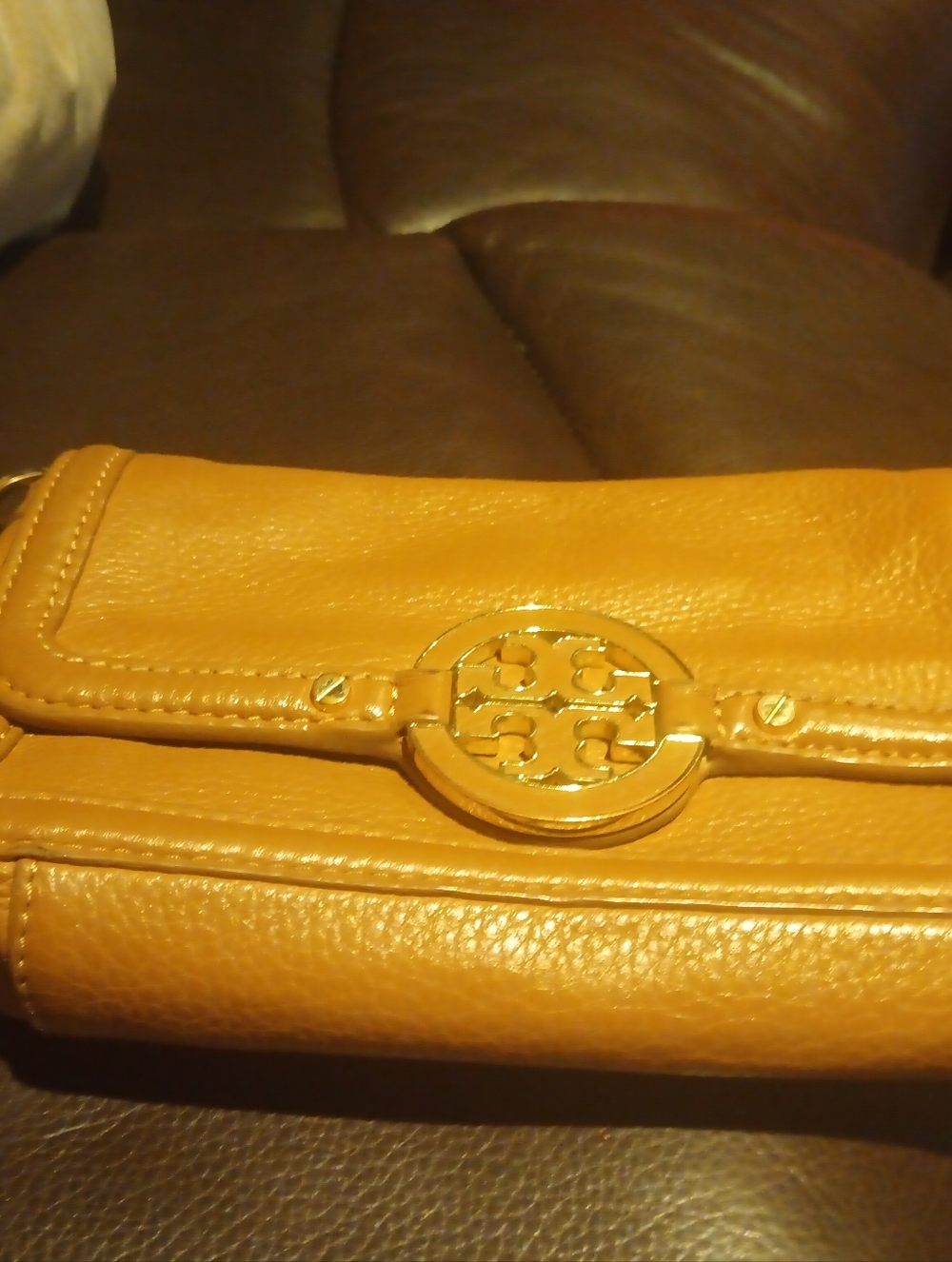 Tory Burch Cognac Leather Crossbody with Gold Chain Logo